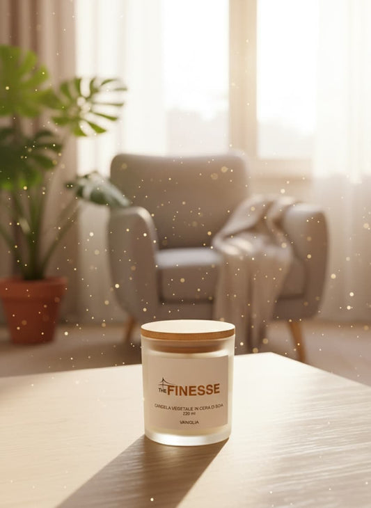 Candela aromatica in cera di soia al sandalo, stoppino in legno crepitante