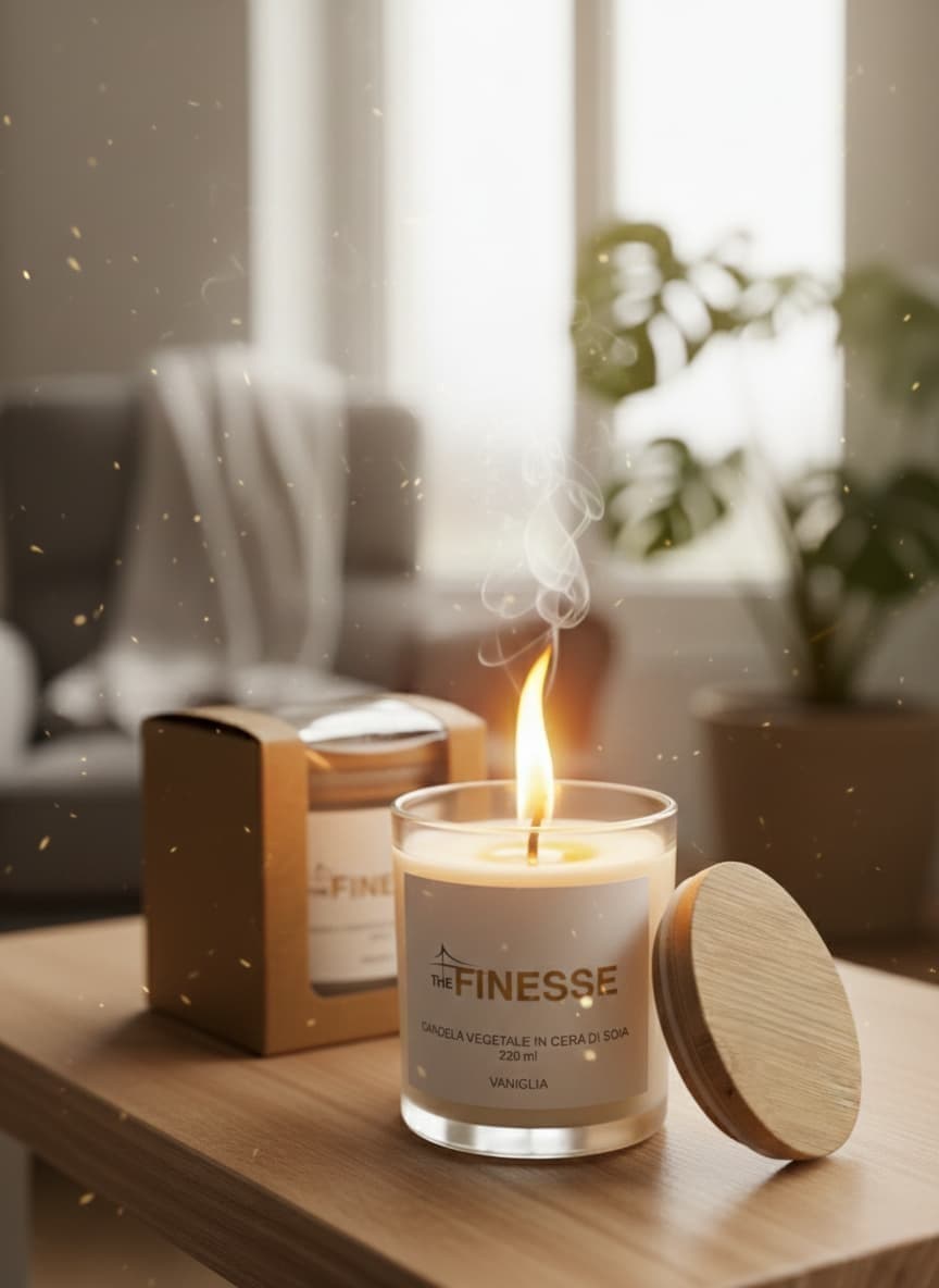 Candela aromatica in cera di soia alla vaniglia, stoppino in legno crepitante