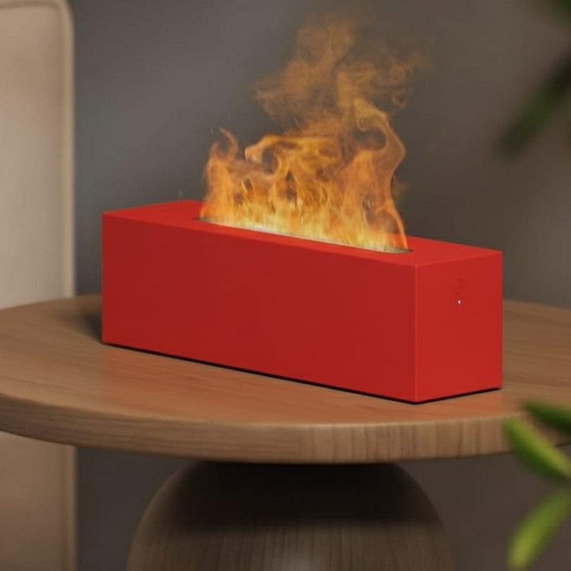 Elegante diffusore di aromi e umidificatore a ultrasuoni con effetto fiamma LED, design moderno e minimal rosso, perfetto per aromaterapia e relax serale