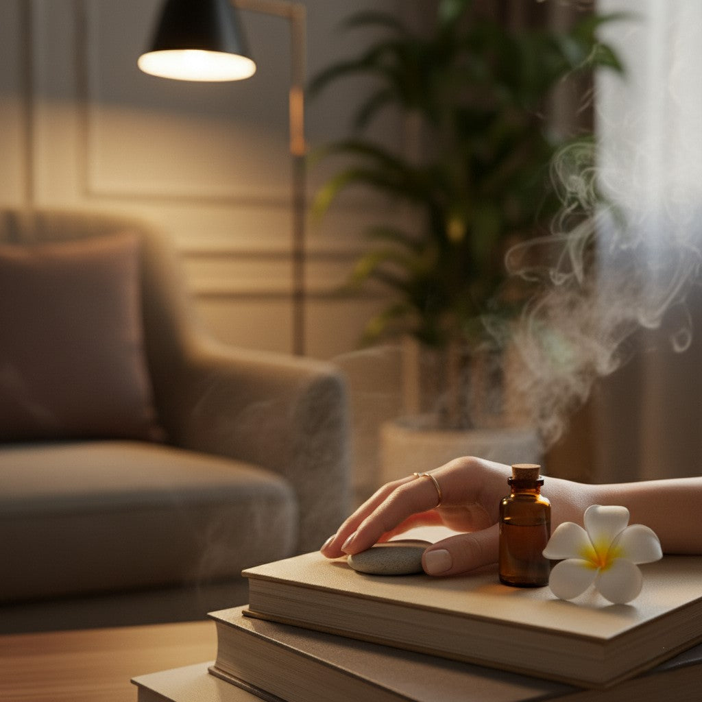 Dettaglio: bottiglia di olio essenziale per aromaterapia e relax a casa. Atmosfera di benessere con The Finesse