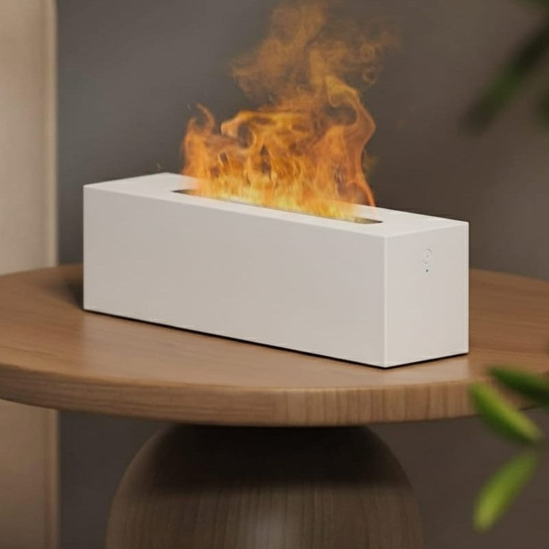Elegante diffusore di aromi e umidificatore a ultrasuoni con effetto fiamma LED, design moderno e minimal bianco, perfetto per aromaterapia e relax serale