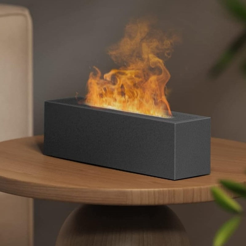 Elegante diffusore di aromi e umidificatore a ultrasuoni con effetto fiamma LED, design moderno e minimal grigio, perfetto per aromaterapia e relax serale
