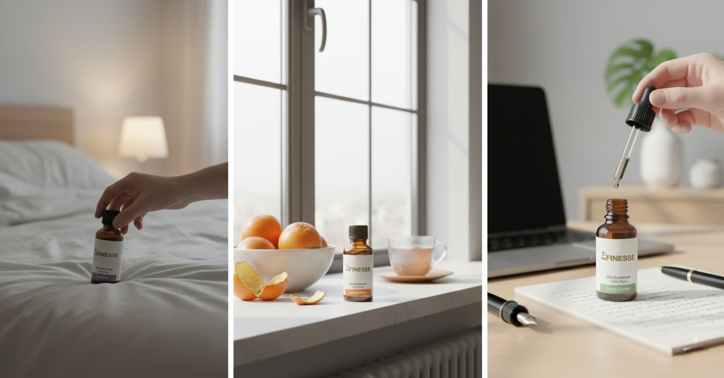 Set Oli Essenziali per Aromaterapia Anti-Stress The Finesse | Lavanda, Arancio Dolce & Menta Piperita - 100% Puri e Naturali.