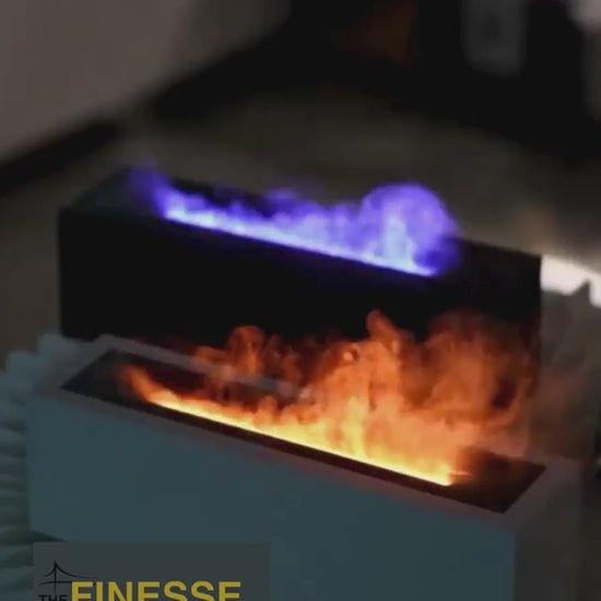 Umidificatore e diffusore di aromi con effetto fiamma blu a LED e fiamma arancione. Prodotto The Finesse