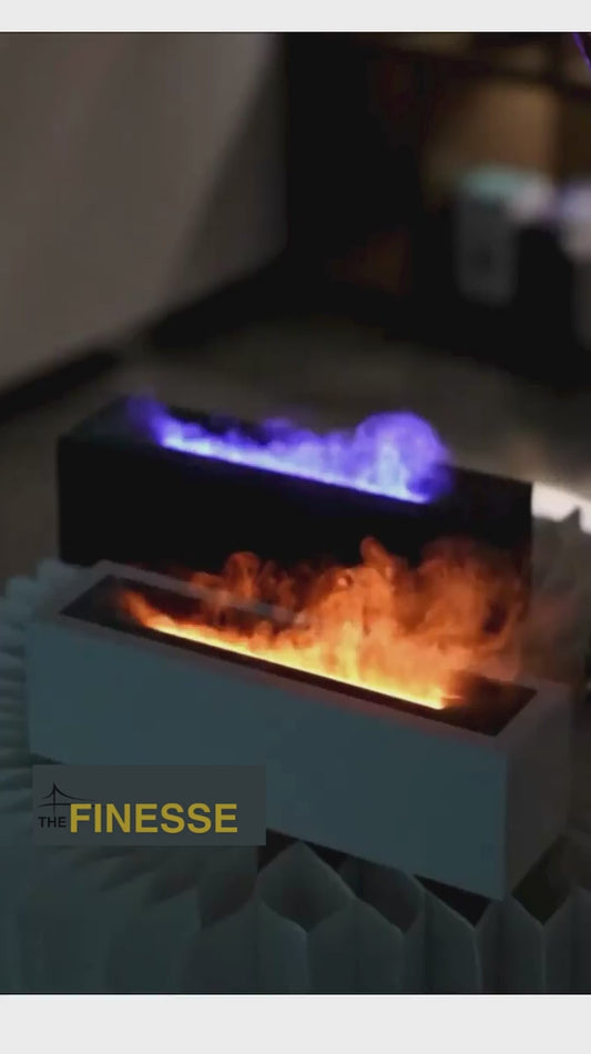 Umidificatore e diffusore di aromi con effetto fiamma blu a LED e fiamma arancione. Prodotto The Finesse