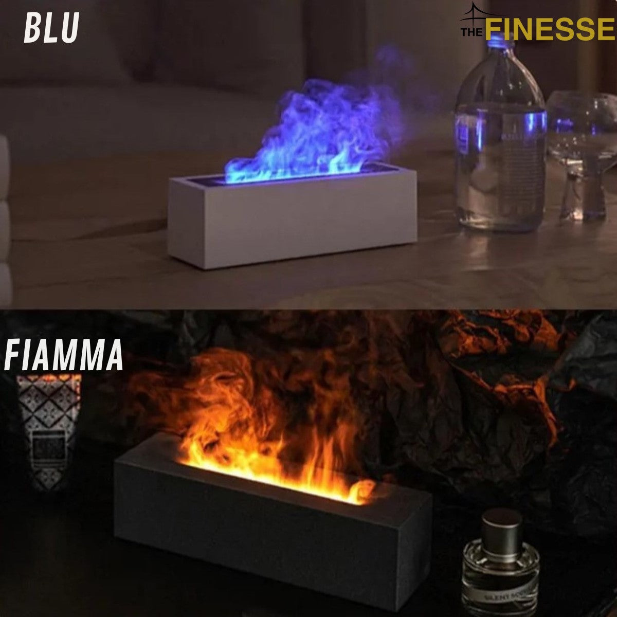 Umidificatore e diffusore di aromi con effetto fiamma blu a LED e fiamma arancione. Prodotto The Finesse